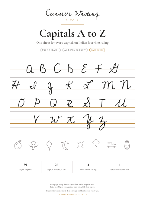 Capitals A to Z, page 1 of 29: the cover, with all 26 capitals on four-line ruling