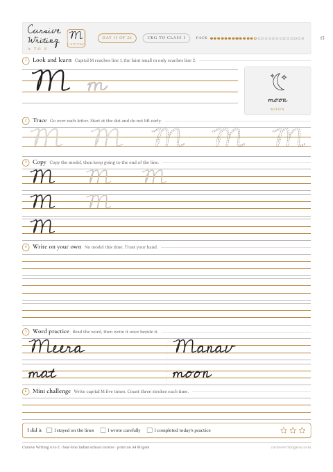 Capitals A to Z, page 15 of 29: the capital M sheet, day 13 of 26, with the words Meera, Manav, mat and moon