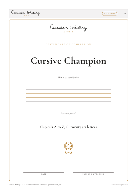 Capitals A to Z, page 29 of 29: the Cursive Champion certificate on the last page