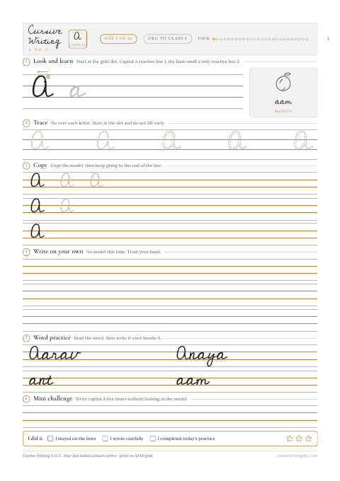 Capitals and small letters, A to Z, page 3 of 55: the capital A sheet: look, trace, copy, write, words and a mini challenge