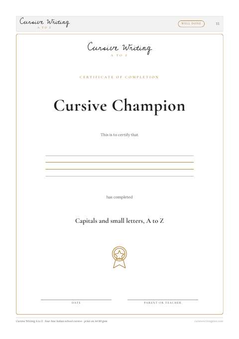 Capitals and small letters, A to Z, page 55 of 55: the Cursive Champion certificate on the last page