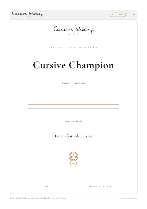 Festivals, page 15 of 15: the Cursive Champion certificate on the last page