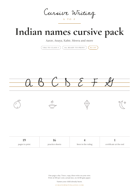 Indian names cursive pack, page 1 of 19: the cover of the Indian names pack
