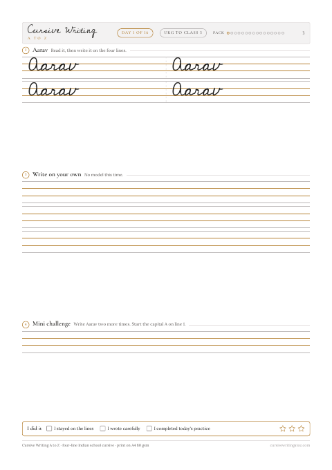 Indian names cursive pack, page 3 of 19: day 1 of 16, the name Aarav