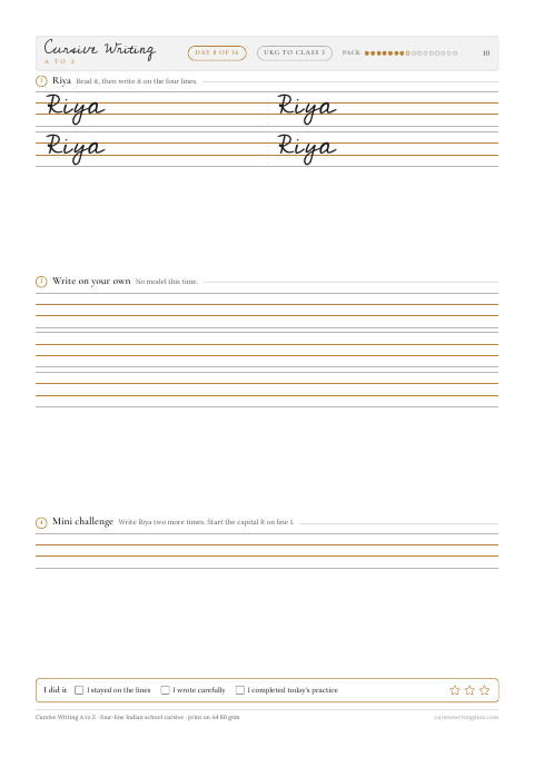 Indian names cursive pack, page 10 of 19: day 8 of 16, the name Riya