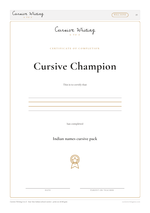Indian names cursive pack, page 19 of 19: the Cursive Champion certificate on the last page