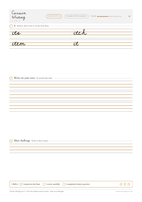 Cursive joining words, page 10 of 19: day 8 of 16, the join it and the word its