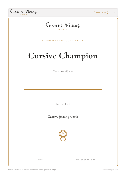 Cursive joining words, page 19 of 19: the Cursive Champion certificate on the last page