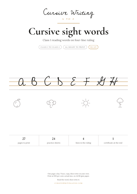 Cursive sight words, page 1 of 27: the cover of the sight words pack