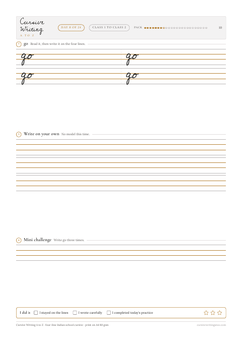 Cursive sight words, page 10 of 27: day 8 of 24, the word go