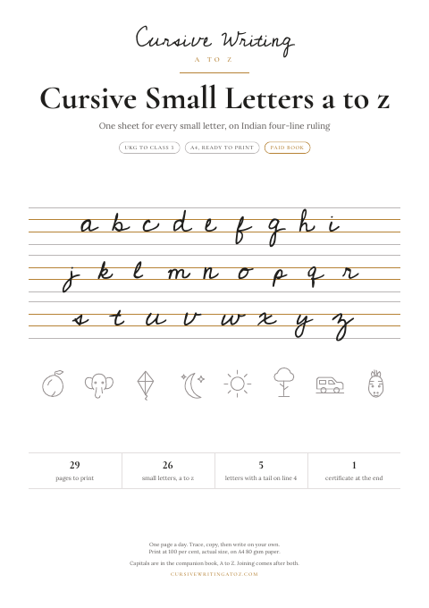 Small letters a to z, page 1 of 29: the cover, with all 26 small letters on four-line ruling