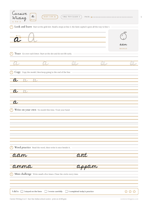 Small letters a to z, page 3 of 29: the small a sheet, where small a stops at line 2