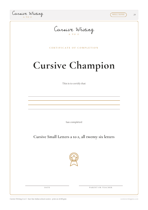 Small letters a to z, page 29 of 29: the Cursive Champion certificate on the last page