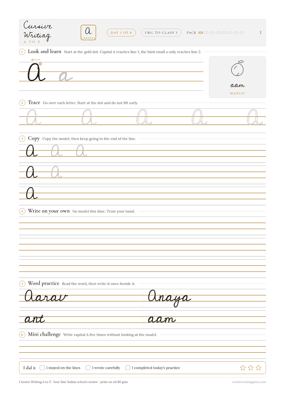Capital A practice sheet on Indian four-line ruling, with a model letter, a tracing row, a copying row, empty rows, Indian word practice and three boxes to tick